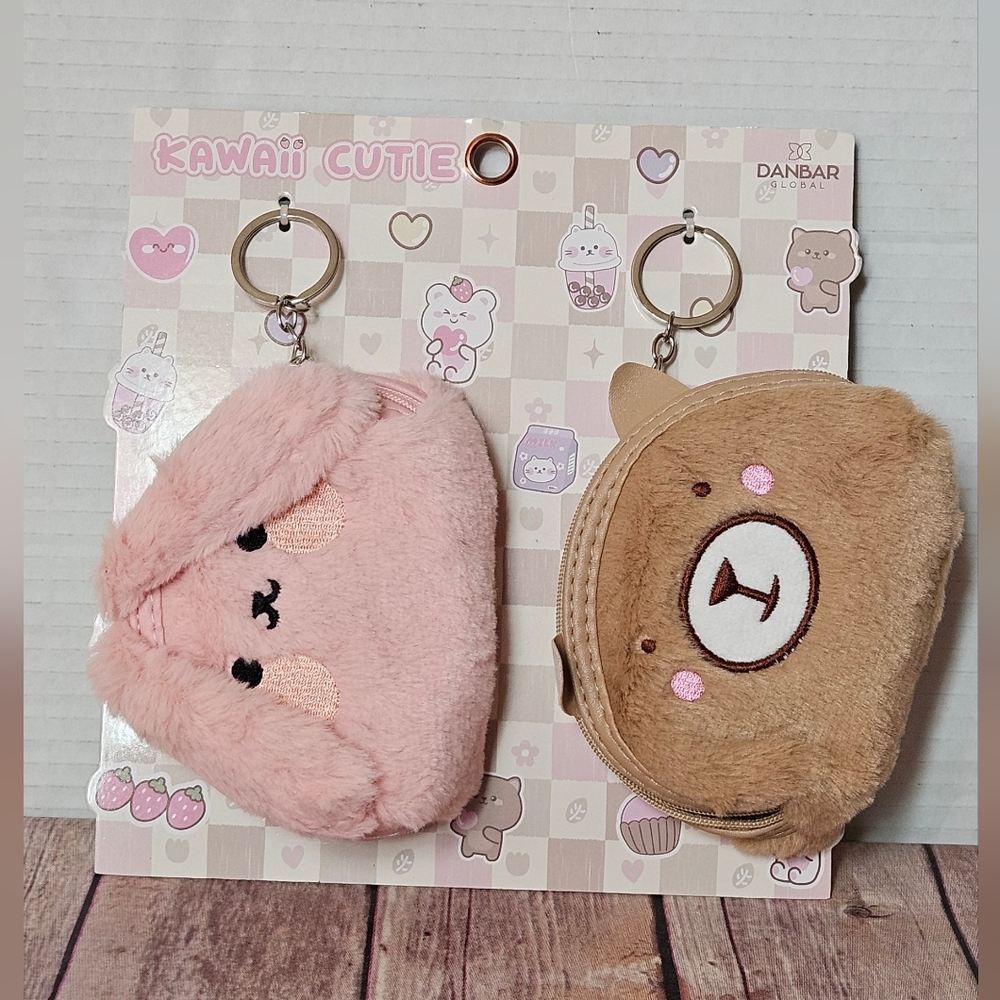 Kawaii Cutie Pink and Brown Plush Keychain Set NIP
